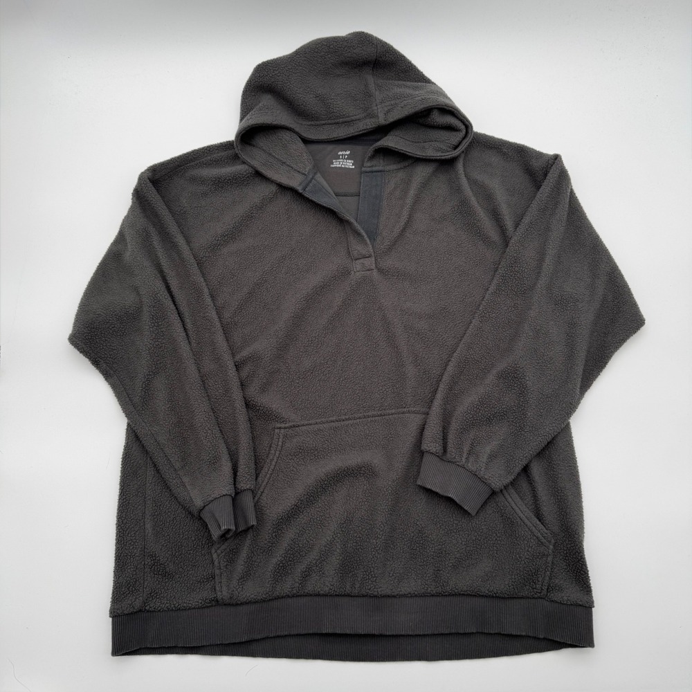 Aerie Womens Oversized Sherpa Fleece Hoodie‎ Charcoal Grey Henley Pullover Small